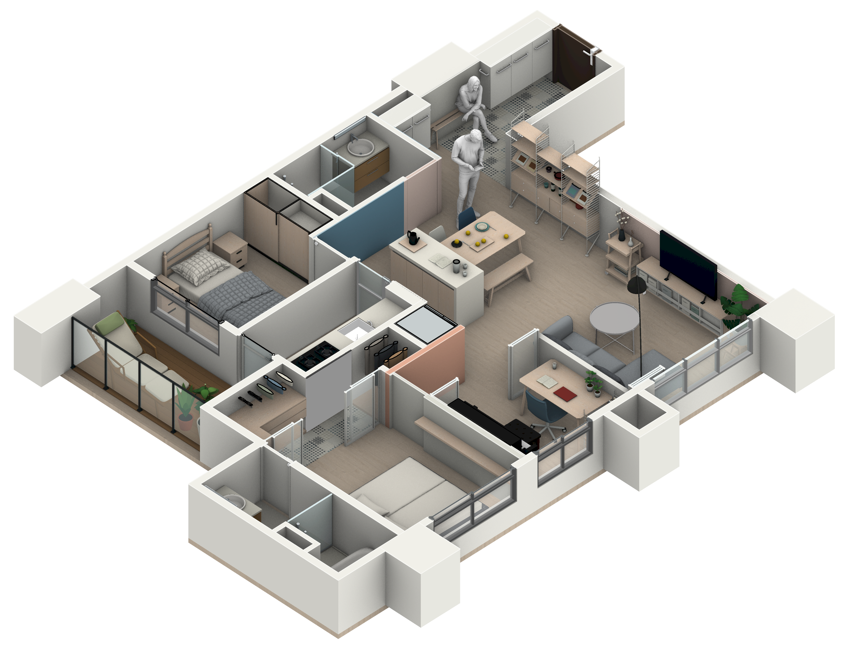Axonometric view of a residential interior reconstructed in Rhino